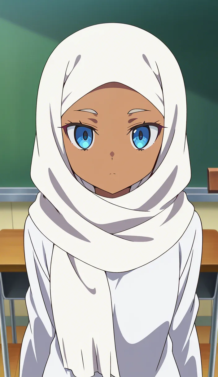 1girl, petite, white hijab, blue eyes, dark skinned female, neck hijabscarf, white long sleeves shirt, petite, 
Classroom,, (anime style:1.3), 2d, anime screencap, cel shading, flat color, @00osamio00