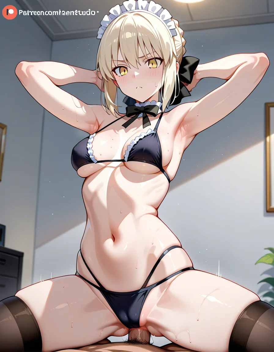 ultra detailed, fitness model, hands up, bow, anal sex, hentai style , saber maid alter, hentai_studio_quality, cowgirl_position, hentai_studio_quality