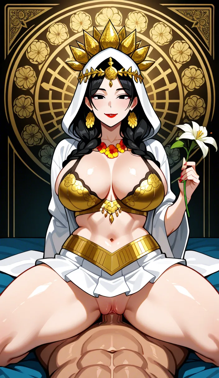 My 1 Adult Mother Goddess ethnicity Hindu, Bengali, red lipstick, Accurate Anatomy, symmetrical body structure, Big chest, Thick thighs and arms, thick pelvis, tight fitting bra with intricate patterns and baggy mini skirt with curls and frills, pussy, Adorned Heavily in Indian Ornaments, black eyes, POV Sex, Symmetrical Tight Straddling Position, Having sex with me, big all around Mukut Crown, devine radiance, Calm and Graceful Expression, confident smile with hooded eyes, flowers around in Symmetrical order, holding flowers, floral necklace, semi realistic