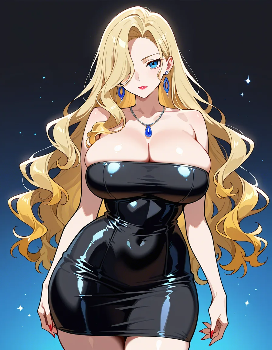 long_hair wavy_hair blonde_hair blue_eyes huge_breasts huge_ass wide_hips black_dress pencil_dress earrings necklace hair_over_one_eye, lipstick, hentai_studio_quality