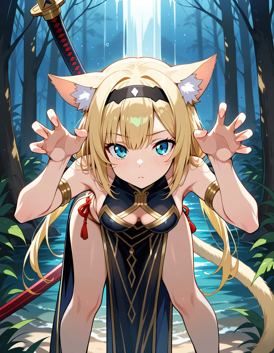 masterpiece, fine detail, cat girl, hands up, weapon, bent over, doujin style, hentai_studio_quality