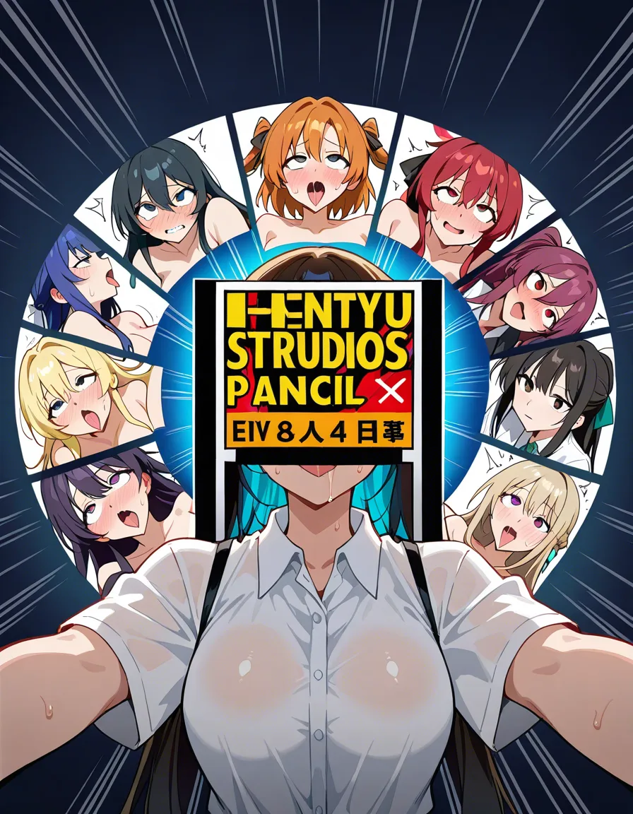 best quality, explicit detail, 6+girls, collared shirt, ahegao, nervous blush, wide shot, manga panel look, hentai_studio_quality