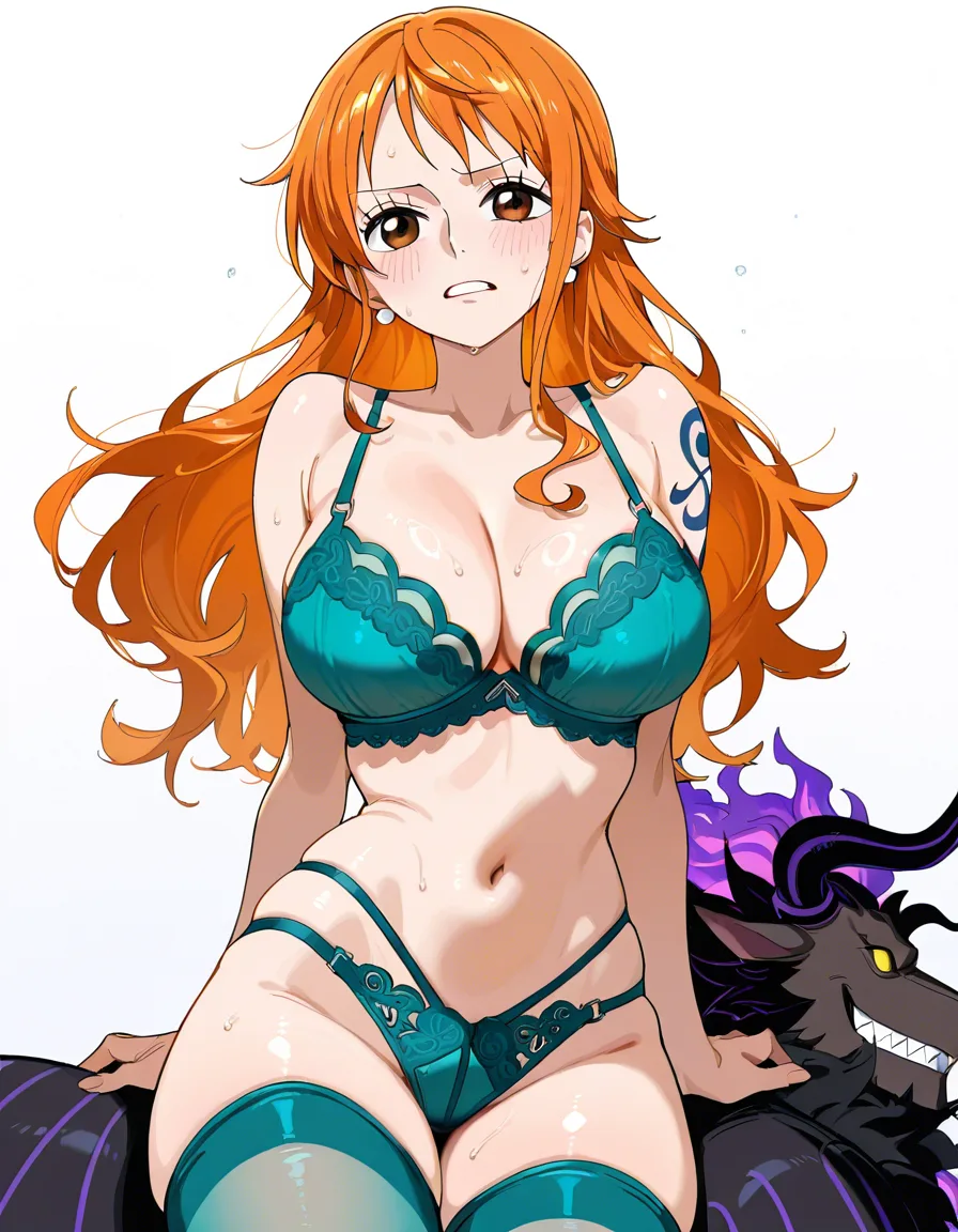 score_9, score_8_up, score_7_up, score_6_up, 1girl, @nami_(one_piece) Nami from One Piece), 4k, hdr, best resoluthion, detailed, detailed face, simple white background, girl in teal lingerie, teal stockings, (one, piece), orgasm face, pleasure, pussy juice, exposed tits, hard nipples naked breast, surprise orgasm, eyes rolled back, <lora:hinaTuningFaceDetailer_SDXL-v2-rank256-pruned:1.8>, big ass doggystyle showing ass, exposed tits, (angled down on girl), (front view), <lora:ClearHand-V2:.8>, dick riding, one piece anime quality, one piece anime style, (bondage), (medium sized), boobs, (bound by sashes), hands and legs tied up, dominated, bound hands and legs and feet, hearts, lip bite, on all fours, <lora:4panel:1.8>, different facial expressions in each panel, (3 panels maximum), out, <lora:Tongue out_SDXL:1.8>, Paizuri, missionary, reverse cowgirl girl on top positions, studio quality lighting, ring light quality lighting, clean generation, (SuperQuality:1), ~, (SuperQuality:1.2) high saturation, vibrant colours 2D style, (anime style:1.3), 2d, anime screencap, cel shading, flat color no blurry faces, hentai_studio_quality see-through_clothes, hentai_studio_quality, (anime style:1.3), 2d, anime screencap, cel shading, flat color long orange_hair, hentai_studio_quality face in frame, drooling, hentai_studio_quality, ahegao doujin_cover hentai_studio_quality, hentai_studio_quality, hentai_studio_quality, hentai_studio_quality