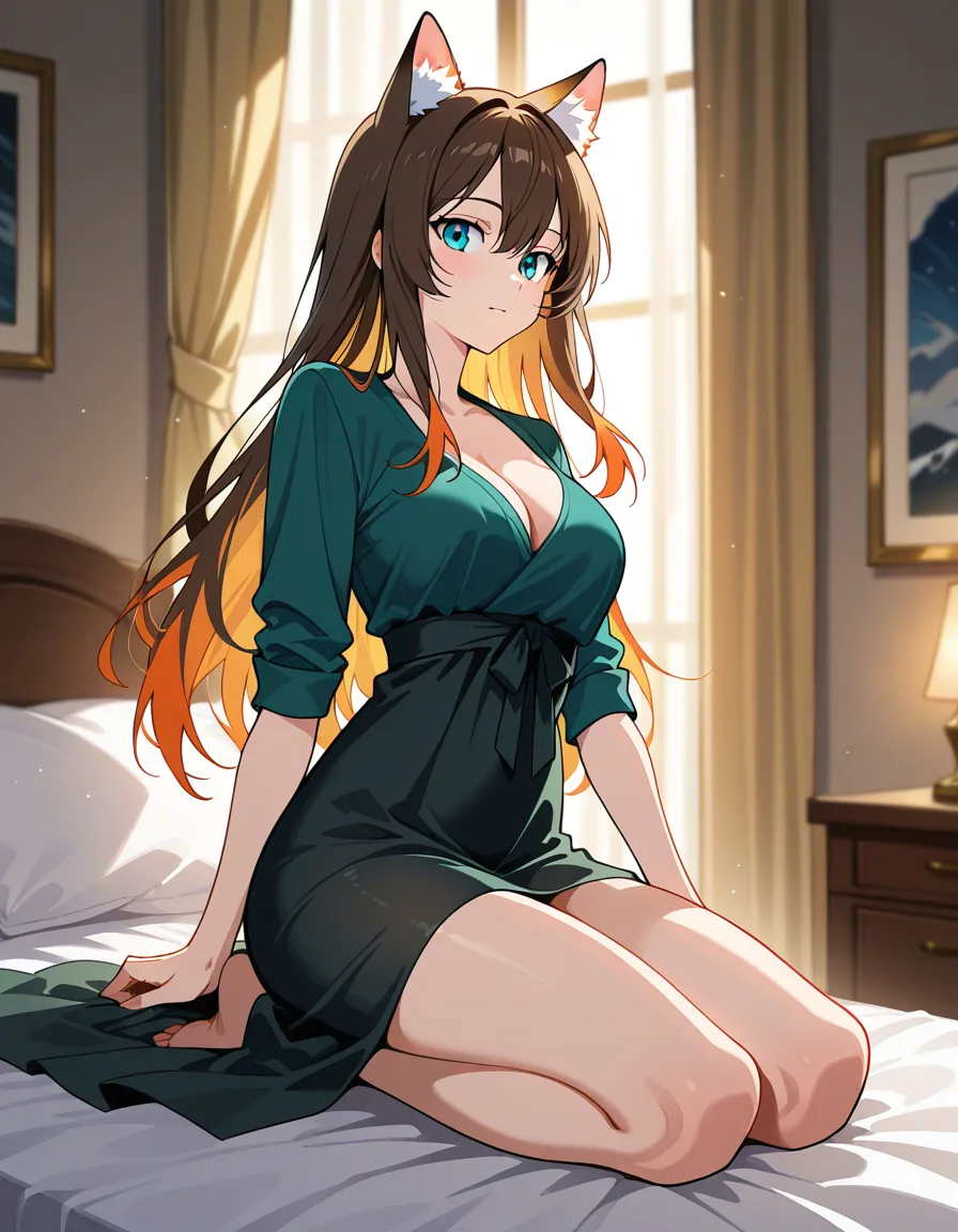 highly detailed, natural lighting, full body, catgirl, spreadong her asscheeks, kneeling on the bed , cinematic realism, hentai_studio_quality