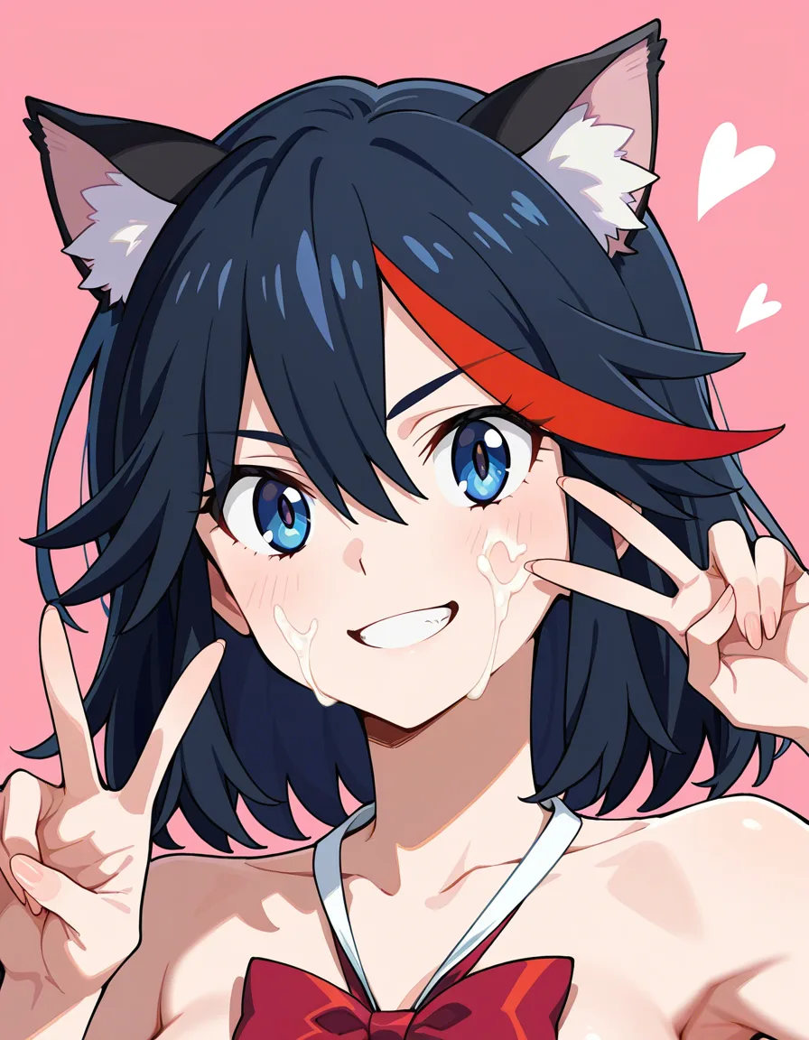 @matoi_ryuuko, cat_ears, smile, cum_on_face, looking_at_viewer, peace_sign, hentai_studio_quality