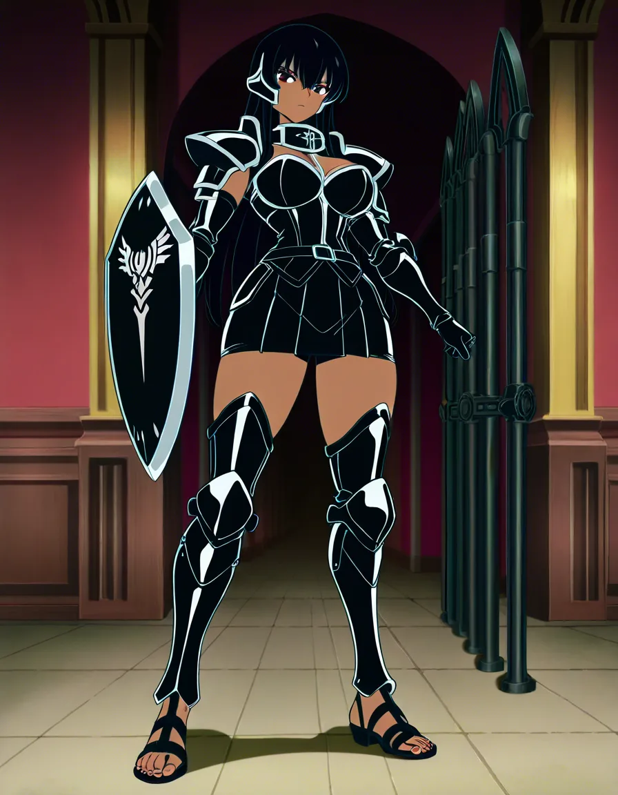 futa roman praetorian guard roman black metal helmet roman black metal segmentata armor roman black leather skirt roman black leather sandals roman black metal scutum shield roman gladius chubby tall dark skin black hair bimbo guarding gate luxury marmol hallway wide hips, (anime style:1.3), 2d, anime screencap, cel shading, flat color