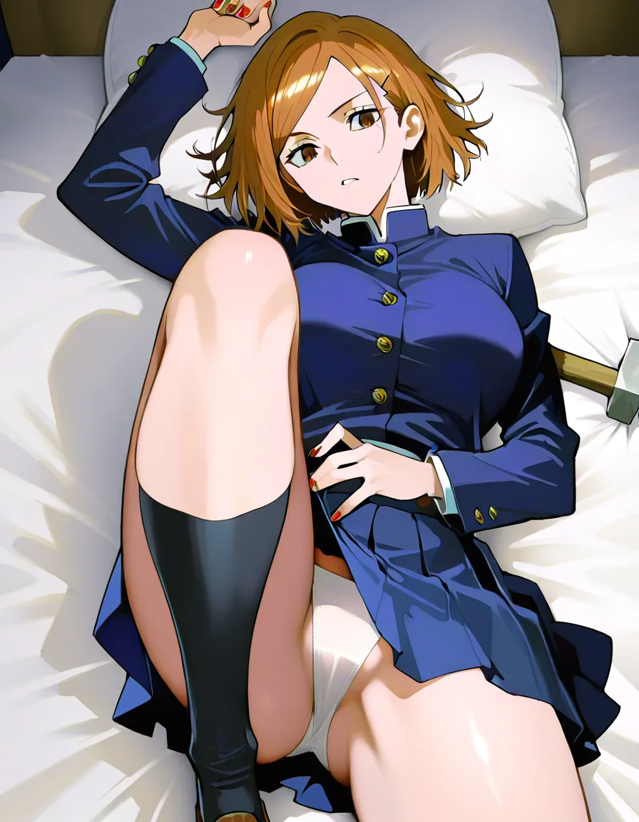 Nobara Kugisaki from the anime Jujutsu Kaisen: She’s wearing her uniform and is lying on a bed. Her arms are extended up, and a nail (from her trademark nail + hammer attach style) is shown as going through each sleeve, pinning her down. Her skirt is riding up, exposing her white panties. Her hammer is on her left side. Nobara has a smirk on her face., (anime style:1.3), 2d, anime screencap, cel shading, flat color, @00osamio00