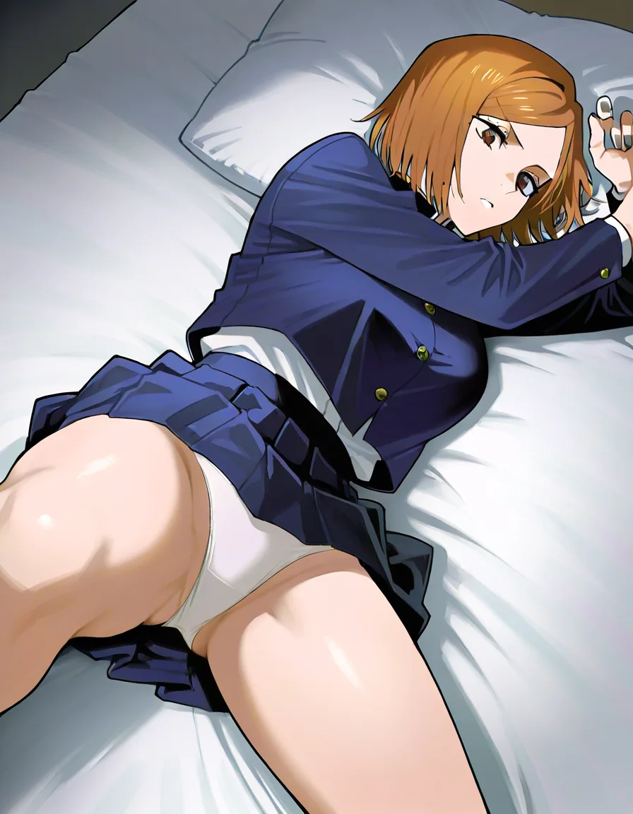 Nobara Kugisaki from the anime Jujutsu Kaisen: She’s wearing her uniform and is lying on a bed. Her arms are extended up, and a gray nail (from her trademark nail + hammer attach style) is shown as going through each sleeve, pinning her down. Her skirt is riding up, exposing her white panties. Her hammer is on her left side. Nobara has a smirk on her face., (anime style:1.3), 2d, anime screencap, cel shading, flat color, @00osamio00, score_9, score_8, 3d render, octane render, subsurface scattering, ray tracing, smooth shading