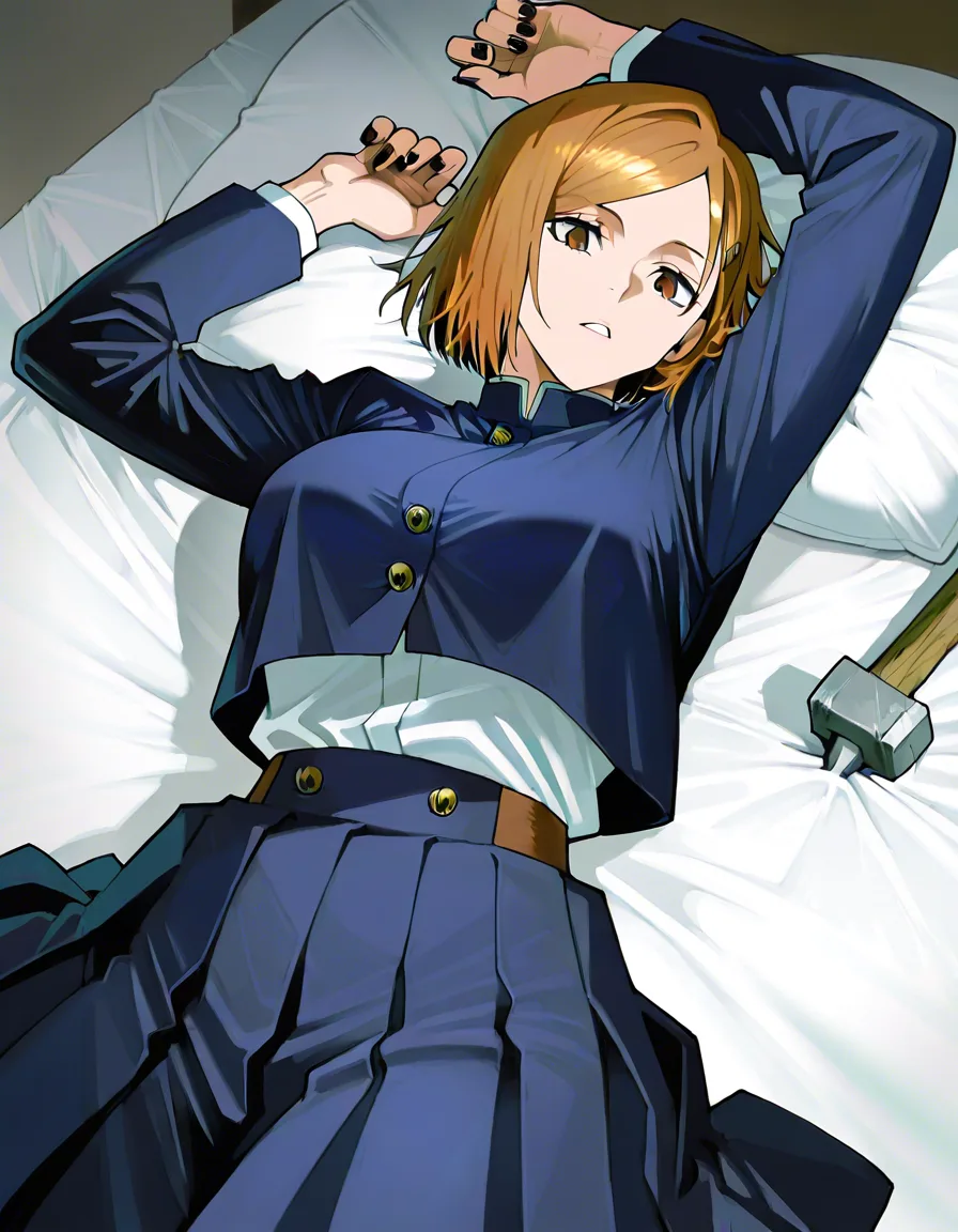 Nobara Kugisaki from the anime Jujutsu Kaisen: She’s wearing her uniform and is lying on a bed. Her arms are extended up, and a gray tool nail (from her trademark "nail + hammer" attack style) is shown as going through her left sleeve as well as another going through her right sleeve, pinning her down. Her skirt is riding up, exposing her white panties. Her hammer is on her left side., hentai_studio_quality