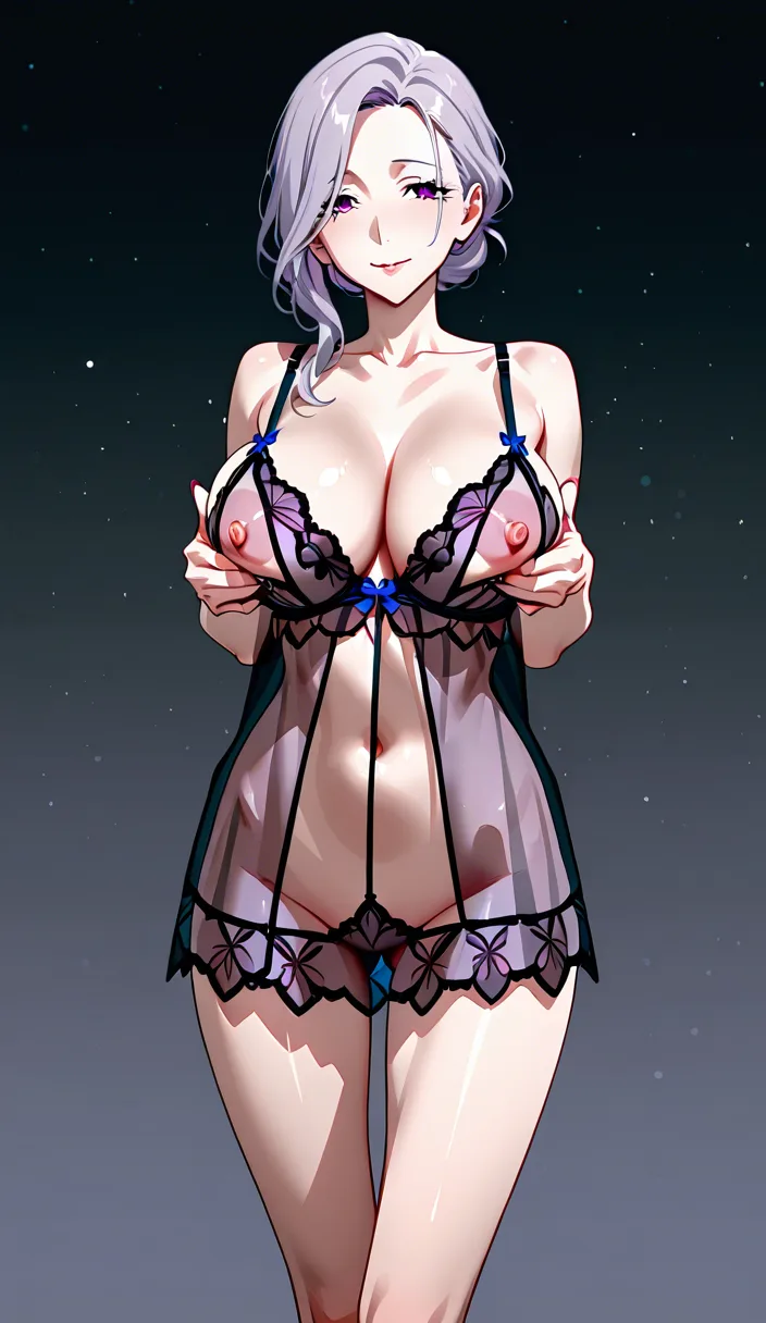 solo, 4k, full view, skinny mature beautiful 40 year old woman with (extremely saggy breasts) in violet transparent lingerie winks and then rips open her bra and fondles her own breasts before pulling on her own nipples, her breasts are very jiggly and soft, happy