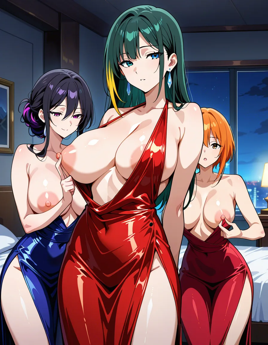 best quality, polished, 3girls, evening gown, nipple stimulation, bedroom, night, multicolored hair, large breasts, large areolae, anime style, hentai_studio_quality