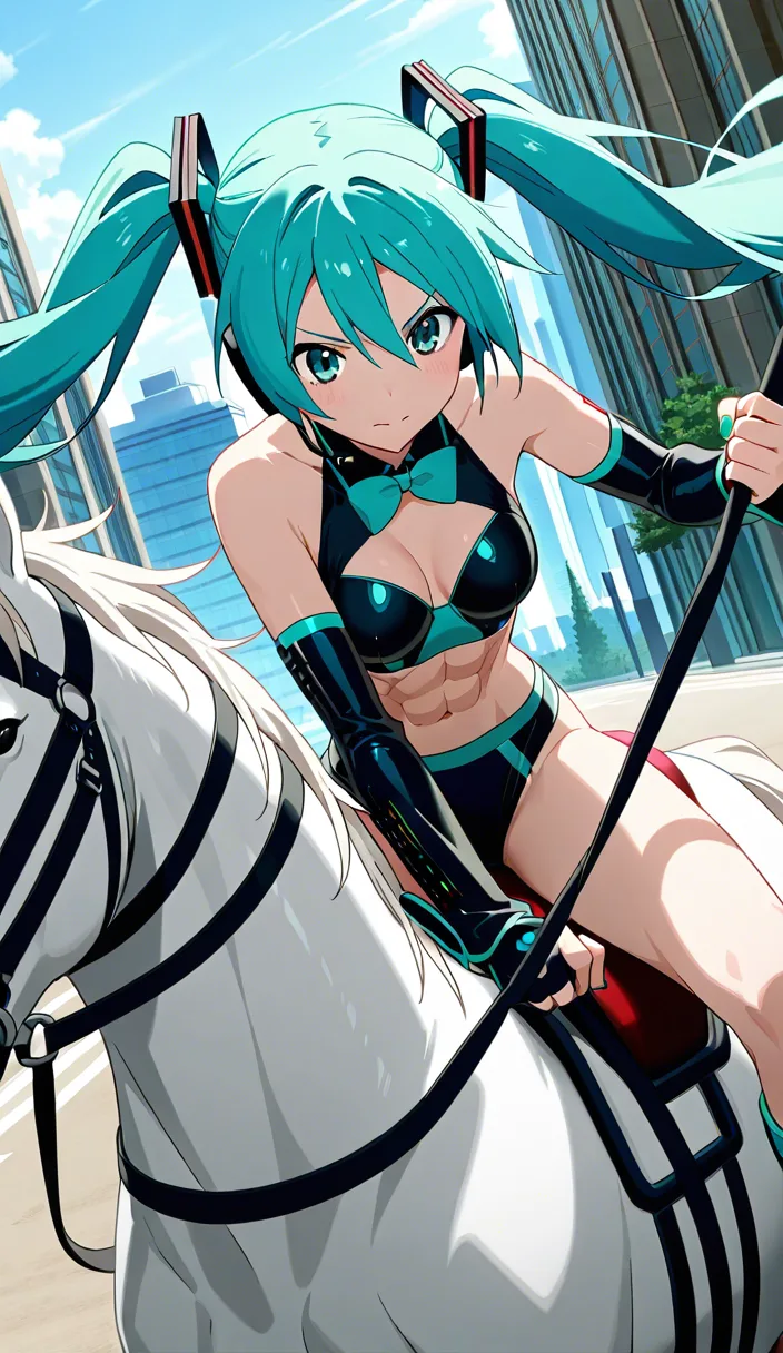 masterpiece, finely detailed, multiple girls, riding, abs, bow, anime screencap, hatsune miku