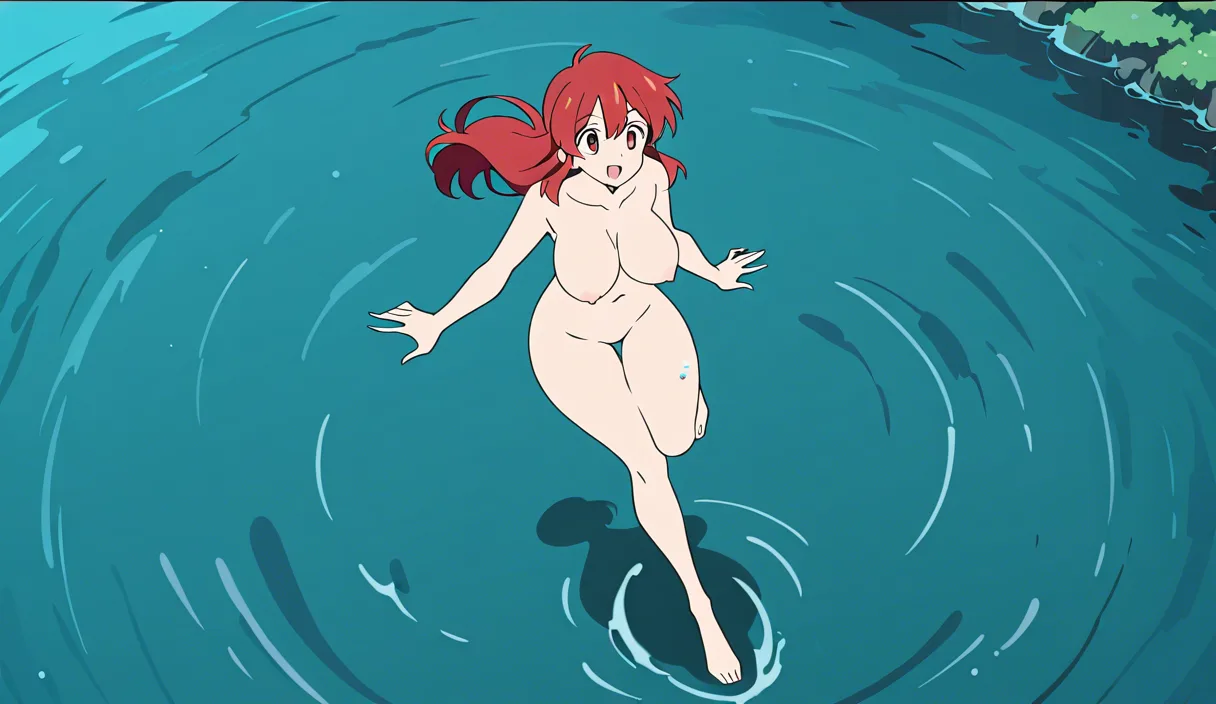 Fit curvy large breasted naked pirate Sorceress completely_nude large_breasts mature curvy red_hair woman full body shot, bathing in river