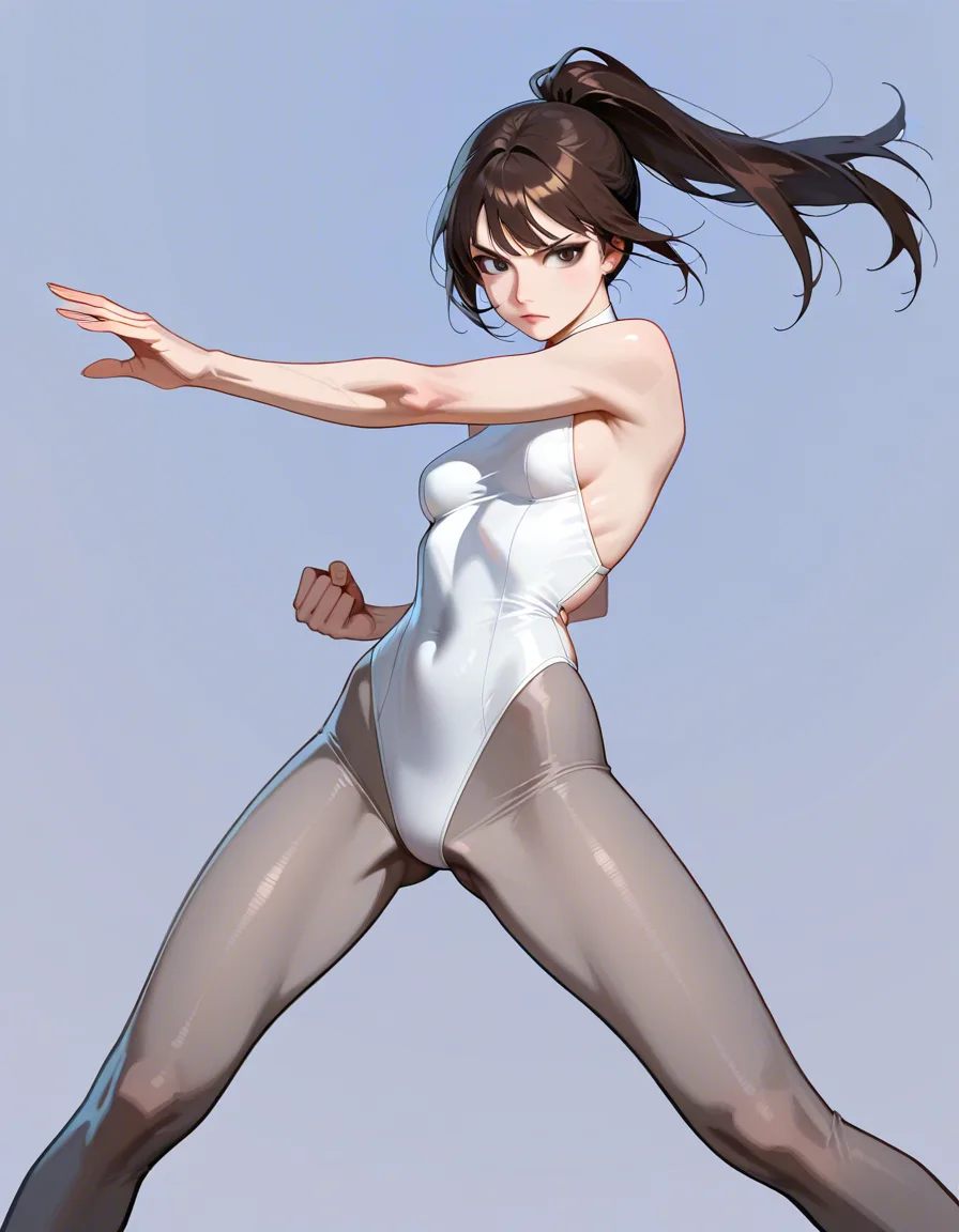 realistic, highly_detailed, Korean, cute, dark brown hair, ponytail, tight_clothes, revealing_clothes, (backless_outfit, sideless_outfit), white sleeveless_shirt over blue highleg_leotard, grey pantyhose, small_breasts, narrow_waist, strong, standing, serious, dynamic_pose, fighting_stance, spread_legs, simple_background, science_fiction, test_subject, experiment,, hentai_studio_quality