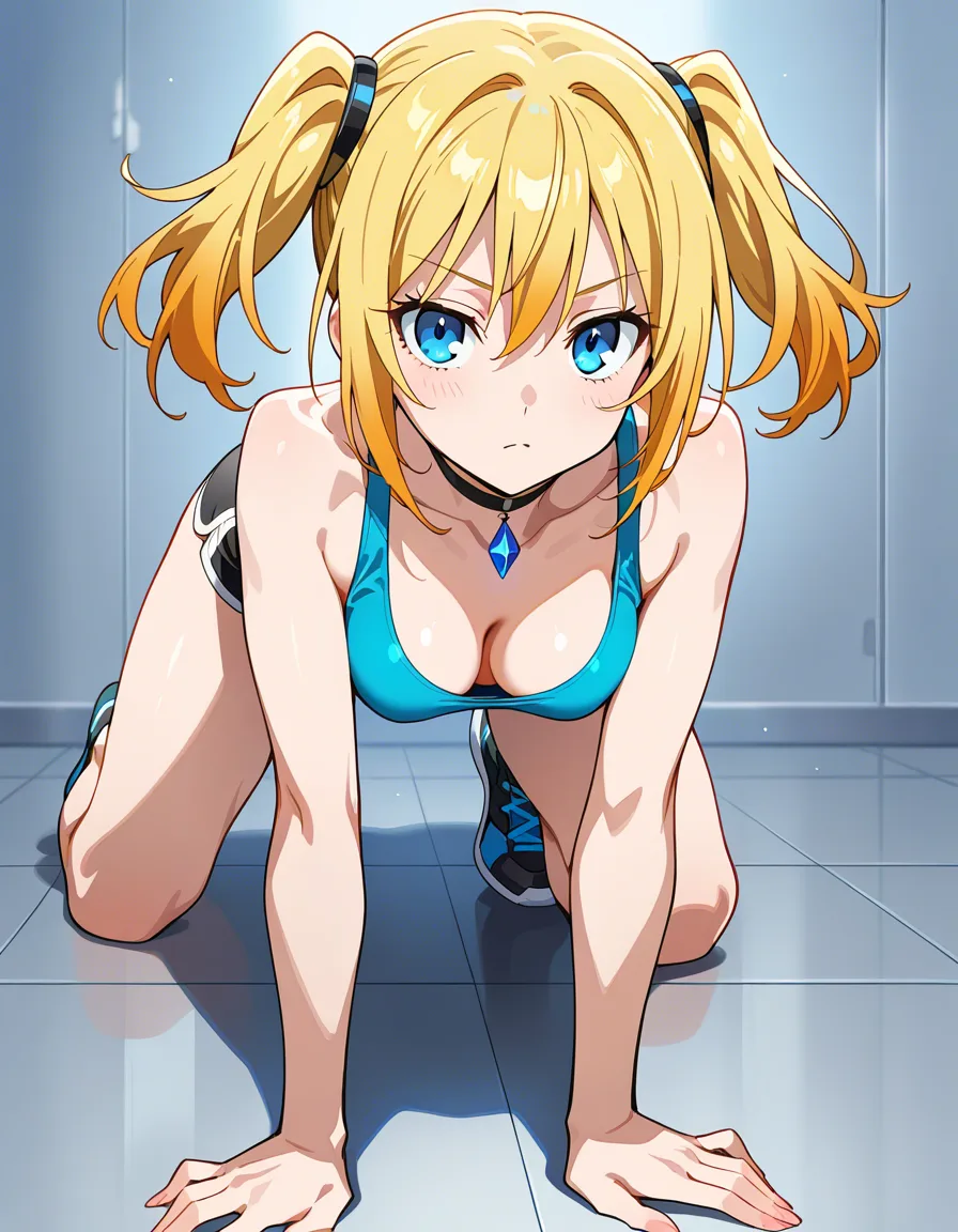 ultra detailed shading, fitness model, athletic build, choker, on all fours, visual novel art, hentai_studio_quality