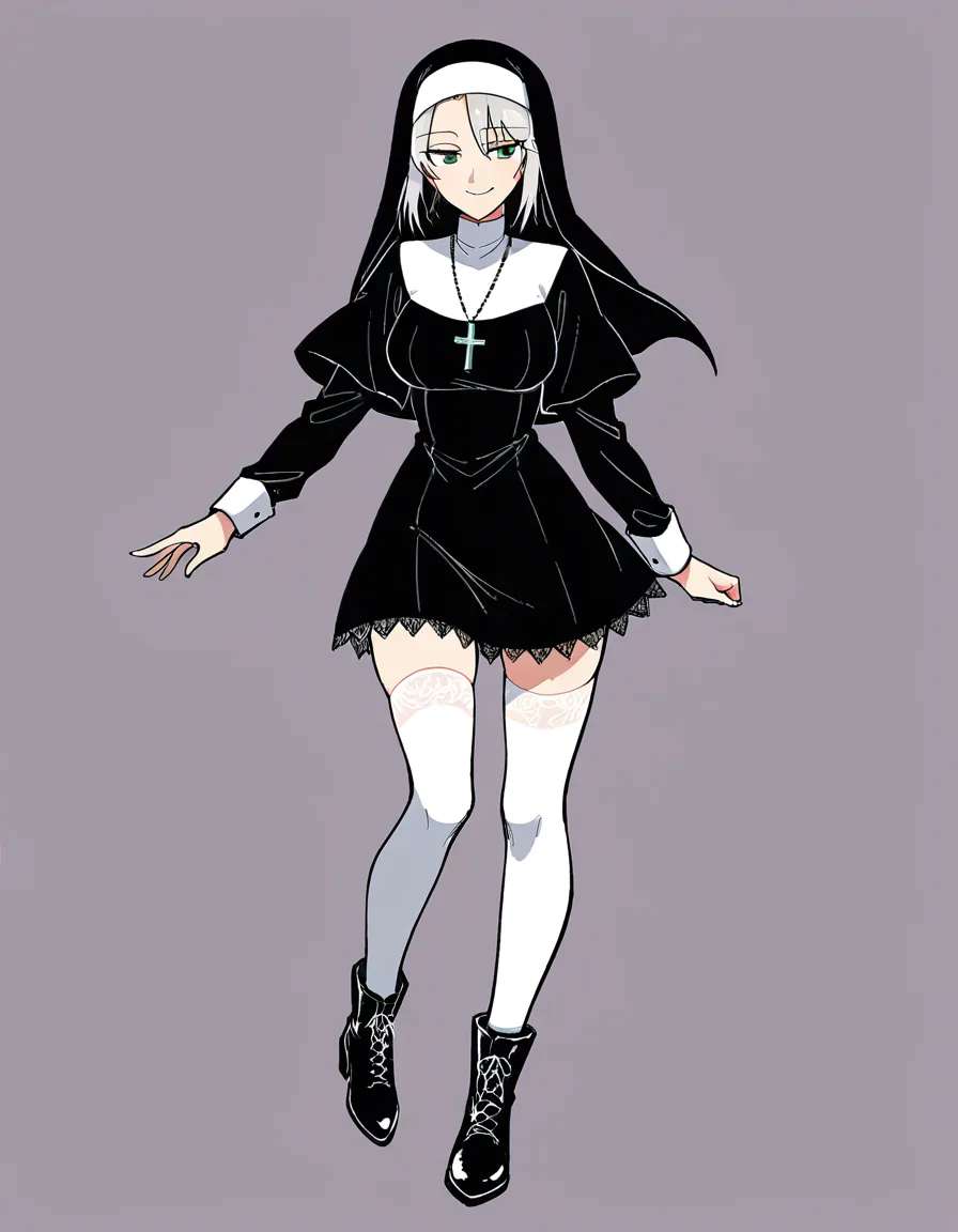 adult modern nun character, contemporary gothic-inspired nun outfit, fitted black mini-dress with long sleeves, high collar, layered black-and-white fabric details, cropped capelet, modern white headpiece and veil, thigh-high opaque stockings, stylish ankle boots, silver cross necklace, subtle lace accents, elegant accessories, confident expression, fashionable dark aesthetic, anime manga character design, clean line art, detailed fabric textures, dramatic lighting, sophisticated and sexy nun, hentai_studio_quality