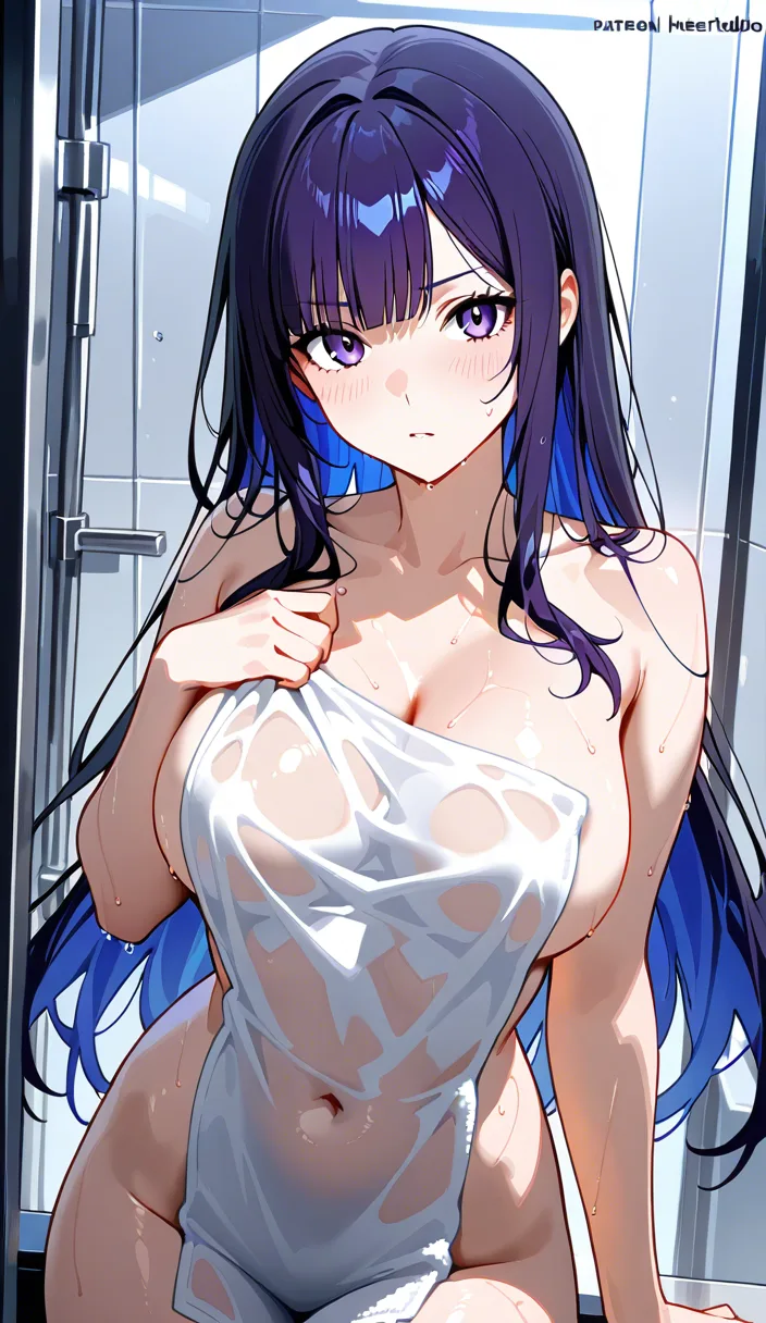 Woman dropping wet see through towel revealing completely nude body