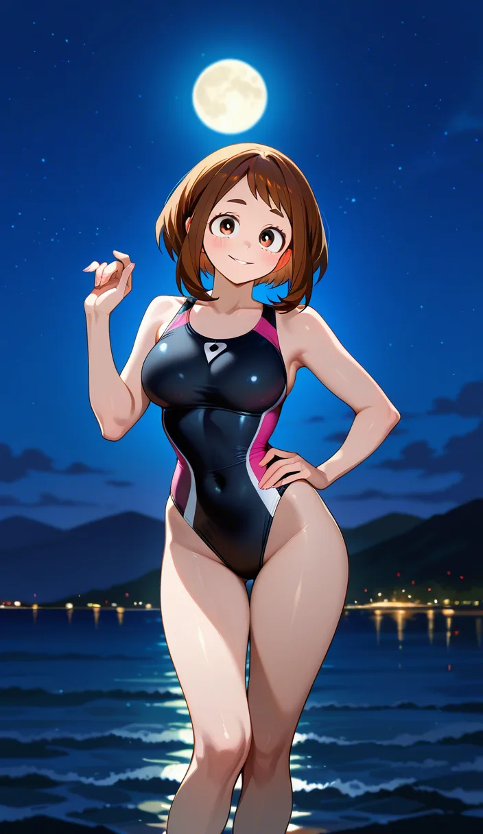 highres, @uraraka_ochaco ,18+ , model smooth figure, perfect figure,tight waist professional photo, high detail, swimsuit, volumetric light, cinematic realism, night, night moon soft smooth dim light, seductive smile, hentai_studio_quality