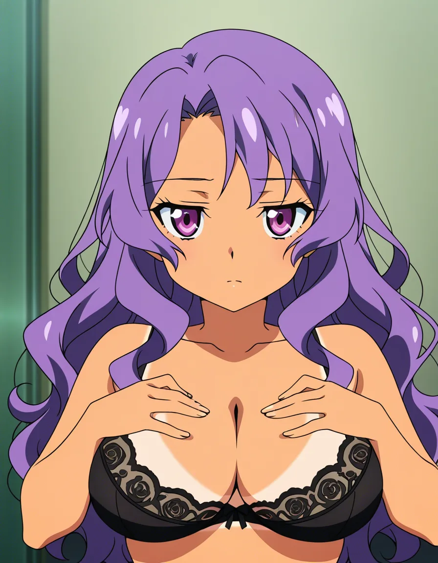 plump girl_on_top with purple wavy_hair and black lingerie. Caring and teasing personality. Tan latina
Pov of her riding you and resting her hands on your chest., (anime style:1.3), 2d, anime screencap, cel shading, flat color