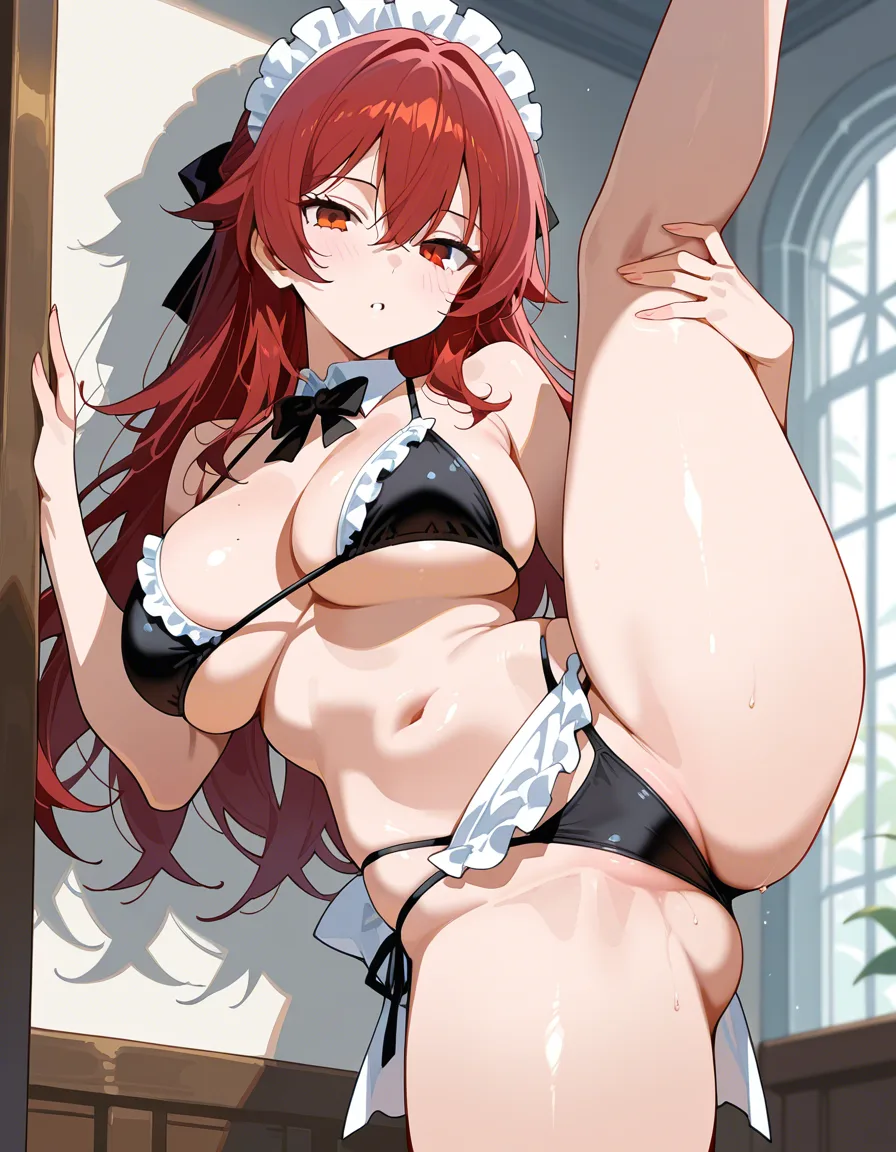 masterpiece, clean art, maid, bikini, leg up, lustful eyes, eroge aesthetic, hentai_studio_quality
