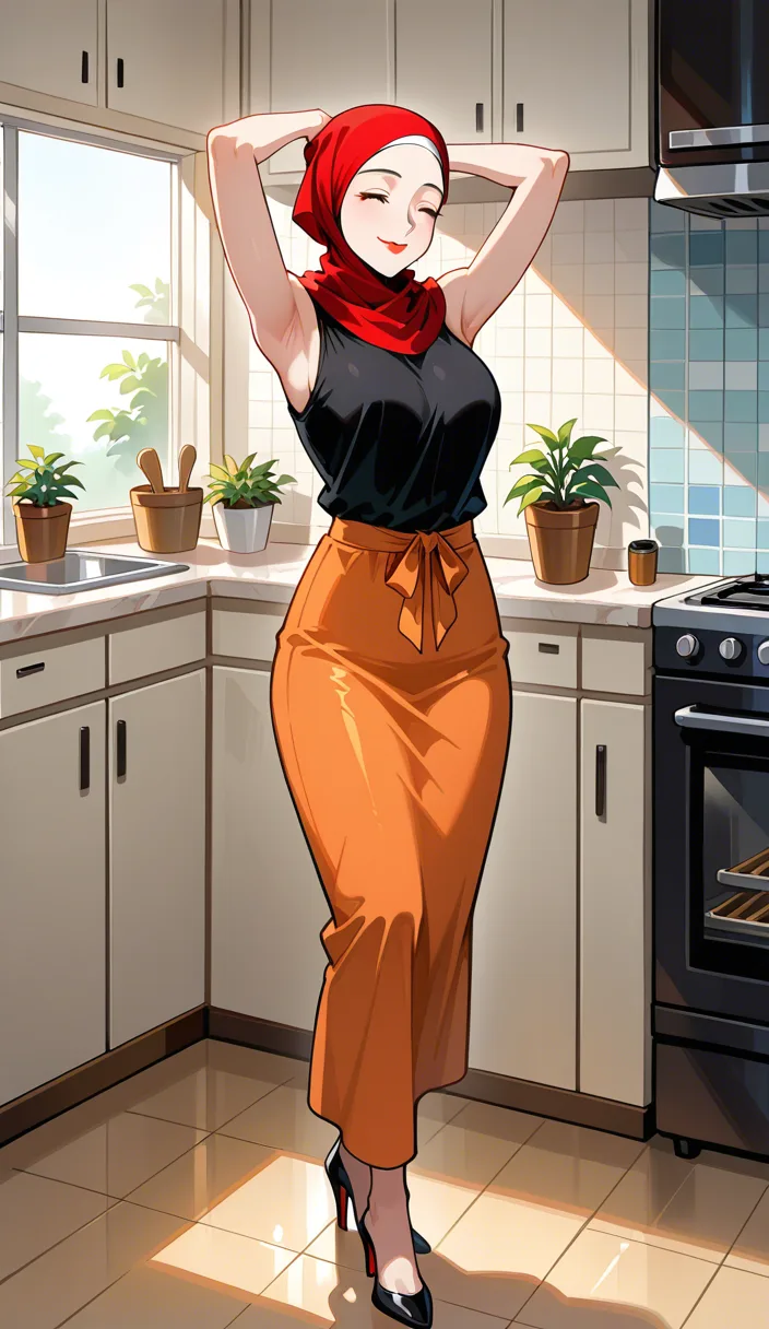 mother, armpit, hijab, closed eyes, kitchen,full body, happy, sleeveless shirt, high graphic, closed mouth,red lips,, hentai_studio_quality