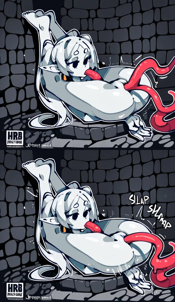 1woman, Frieren, pigtails, lying, empty eyes, body petrification, stone skin petrification, suspended on stone wall, folded, legs behind head, tentacles sex, all the ways sex, fellatio, tentacles fuck woman in all ways, vaginal sex, tentacles movements, jrpencil, side view,