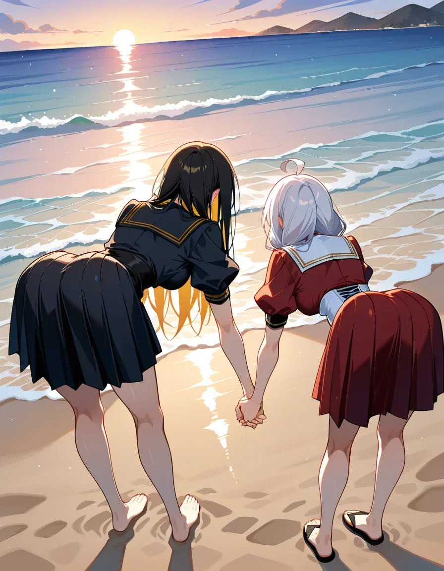 sharp focus, 8k uhd, multiple girls, holding hands, puffy sleeves, bent over, beach, dslr quality, hentai_studio_quality