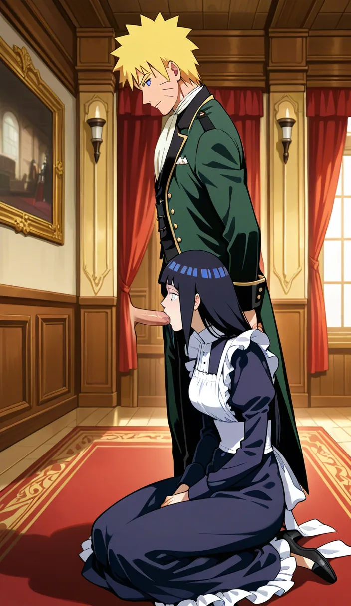 Naruto Uzumaki, standing, Victorian suit, @hyuuga_hinata, long_hair, Victorian Maid, open_clothes, kneeling, fellatio, Victorian room, hentai_studio_quality