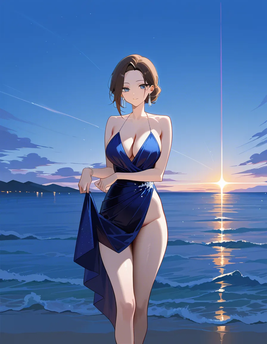 sharp focus, 8k uhd, brunette woman, feet out of frame, evening gown, fully nude, blue background, 8k uhd photo, hentai_studio_quality