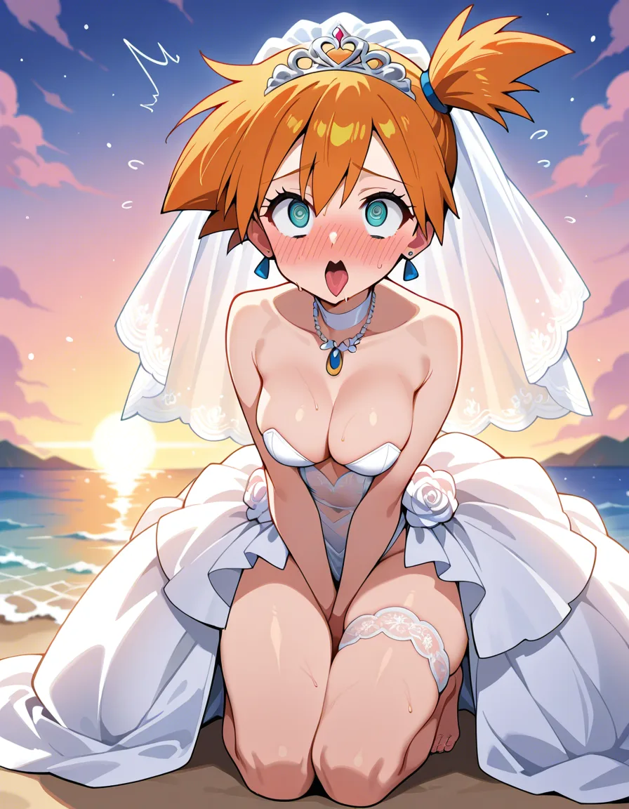 /best_quality /ultra_detailed @misty_(pokemon) #orange_hair #wedding_dress #bridal_veil #bridal_garter #outdoors #@_@ #embarrassed #revealing_clothes #lace #kneeling #ahegao, hentai_studio_quality