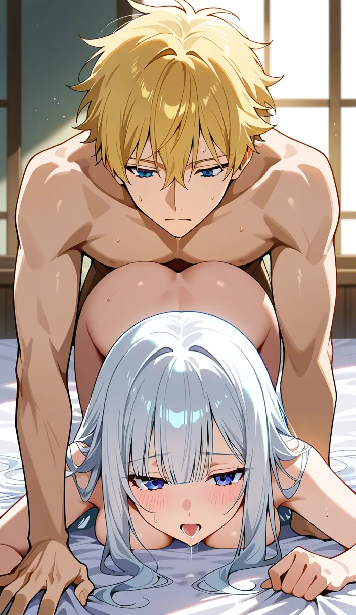 absurdres, highres, couple, on all fours, hands up, long hair, explicit anime render, hentai_studio_quality