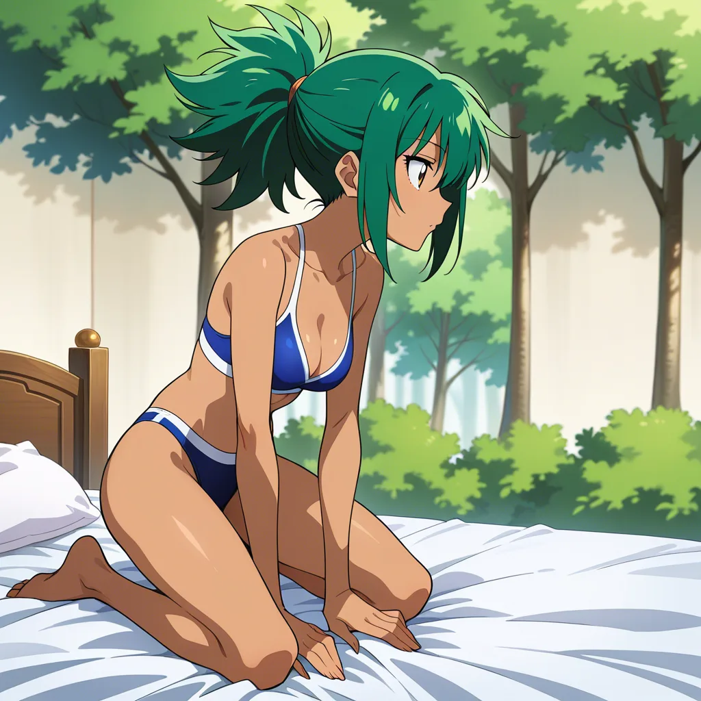best quality, polished, fitness model, kneeling on bed, dark-skinned male, green hair, tree, anime style_parody, hentai_studio_quality