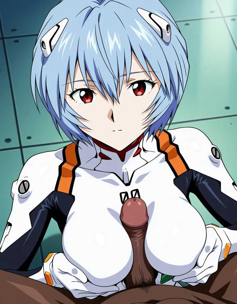 @ayanami_rei, white_skin, bodysuit, interracial, paizuri, (anime style:1.3), 2d, anime screencap, cel shading, flat color