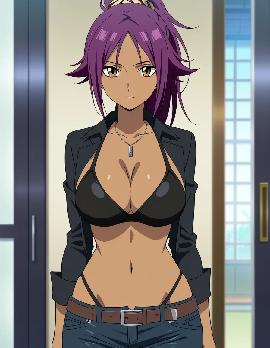 best quality, Yoruichi as extreme gyaru without changing hair color wearing extremely revealing and lewd modern day clothing., (anime style:1.3), 2d, anime screencap, cel shading, flat color