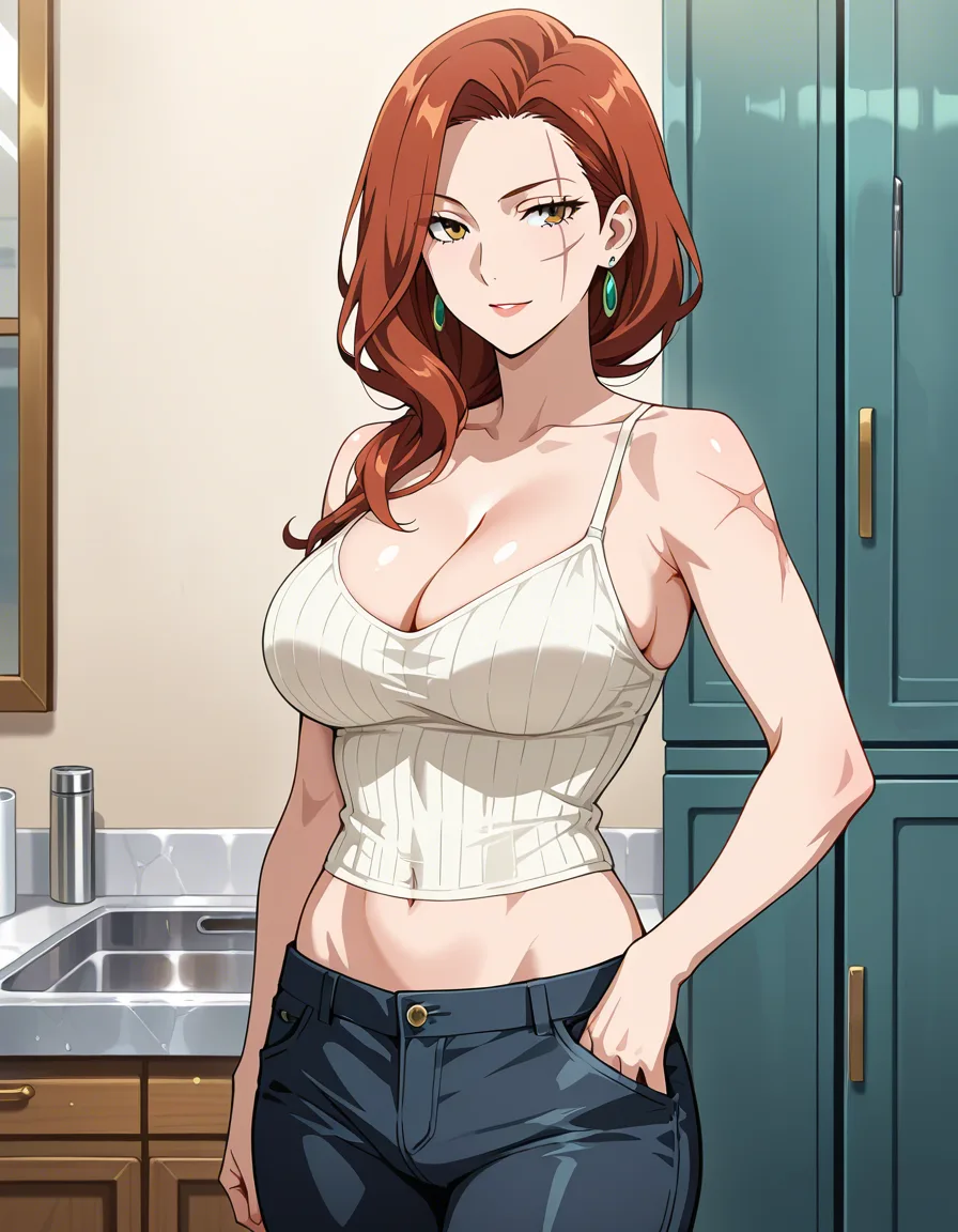masterpiece, clean art, milf, scar, pants, futanari, anime style, hentai_studio_quality