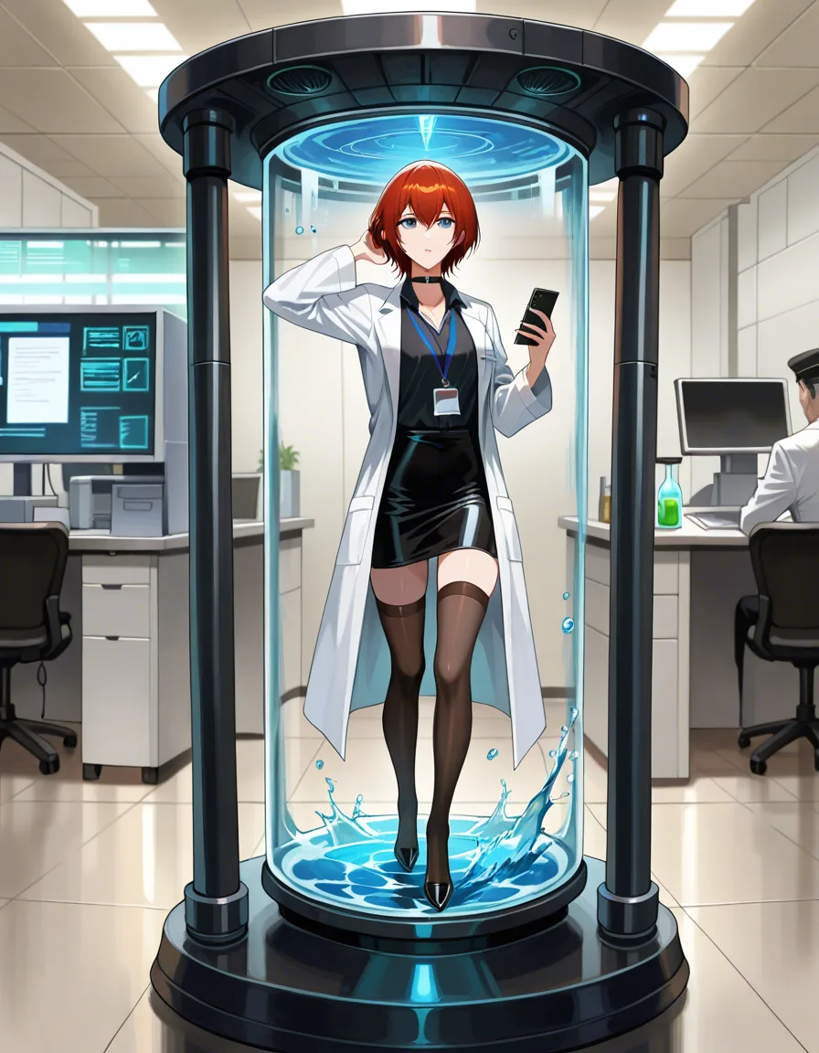 professional photo, high detail, office lady, blowjob, hourglass figure, water, cinematic realistic, full_body, @makise_kurisu, science_fiction, lab_coat, black_dress, thighhighs, choker, black_footwear, long_skirt, short_hair, holding_phone, military, lab_coat, time_machine, mechanical_halo, anal_object_insertion, bdsm, latex, hentai_studio_quality