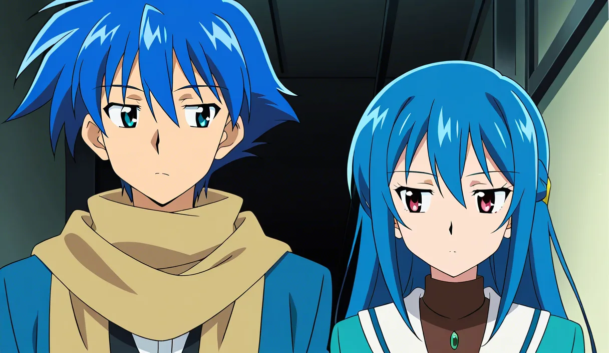 highres, sharp lines, couple, scarf, blue hair, jewelry, slow turn, teasing, anime screencap