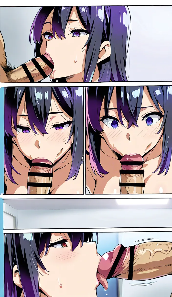 (masterpiece), (best quality), (ultra detailed), professional manga artist style, manga page, multi-panel layout, professional composition, art by Takeda Hiromitsu, a woman discovers an erect penis protruding from a hole in the white wall of her home; she proceeds to perform fellatio on it and then engages in sexual intercourse by thrusting her buttocks against the wall to facilitate vaginal penetration, rich colors, natural skin tones, polished and detailed digital illustration, Japanese sound effects, Japanese speech bubbles, hentai_studio_quality