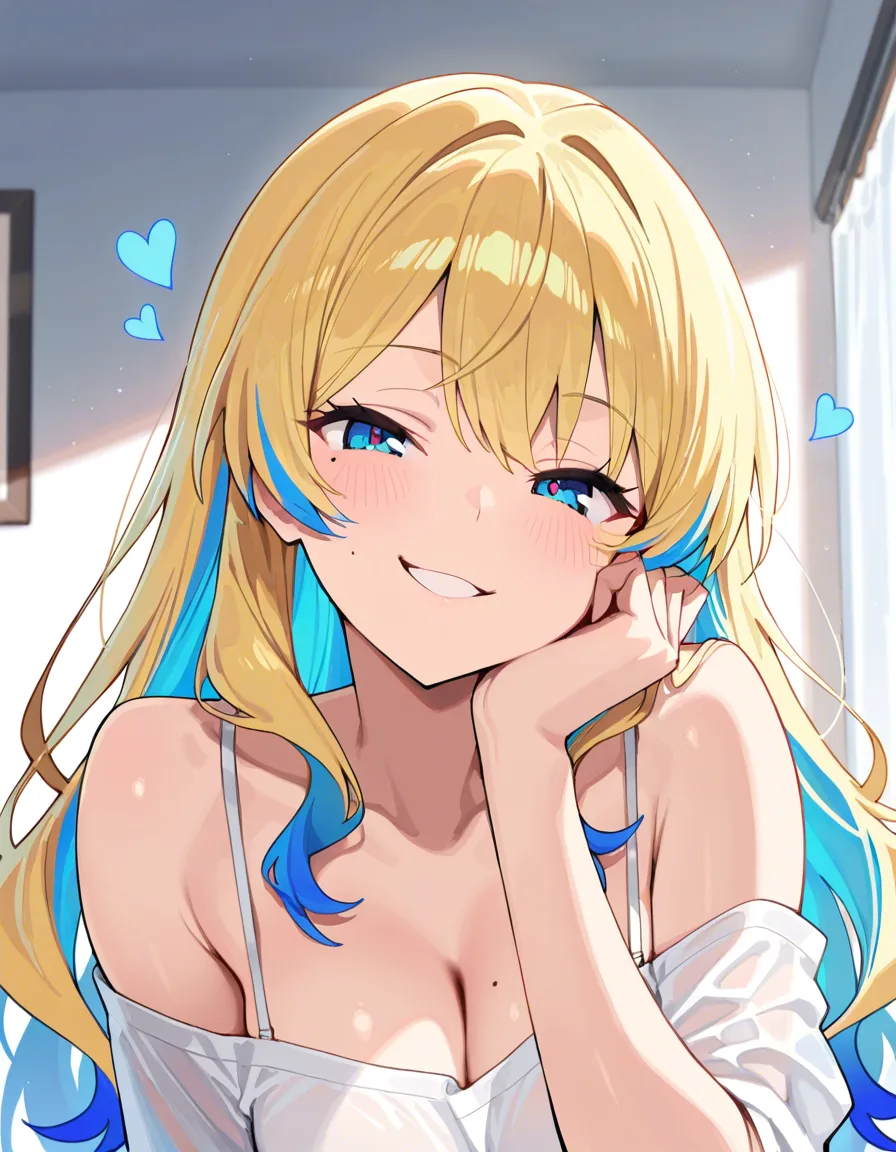 masterpiece, best quality, highres, ultra detailed, 8k,
((exact same character as reference image: beautiful anime girl with short wavy blonde hair with blue highlights at the tips, bright blue eyes, small heart-shaped mole on cheek, smug playful smirk,
beautiful anime girl with short wavy blonde hair with blue highlights at the tips, bright blue eyes, small heart-shaped mole on cheek, smug playful smirk,
standing full body, one hand raised in a peace sign or waving, other hand on hip,
extremely exaggerated hourglass figure, massive breasts, enormous round ass, thick thighs, wide hips,
wearing exactly the same outfit: black and red short-sleeve soccer jersey with "BASTARD MÜNCHEN" text and Adidas logo, black shorts with "10" and crest, black socks with yellow stripes, blue soccer cleats,
tattoos on both arms and neck,
detailed face, beautiful detailed eyes, glossy lips, light blush, dramatic lighting, soft white studio background,
score_9, score_8_up, score_7_up, score_6_up, gigantic ass, big breasts, shacking ass,, hentai_studio_quality