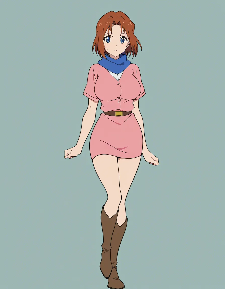 absurdres, highres, milf, scarf, short sleeves, leg up, simple background, doujin style, (anime style:1.3), 2d, anime screencap, cel shading, flat color, @00osamio00