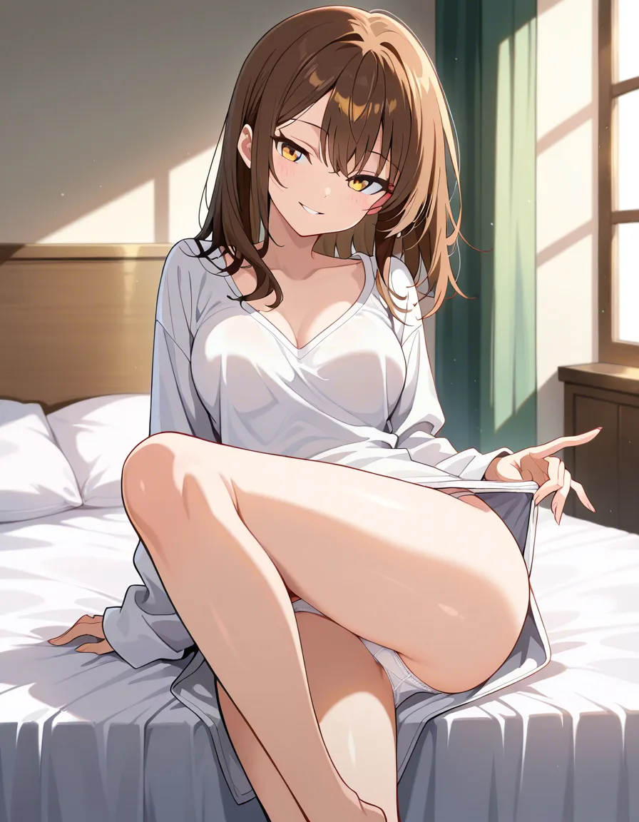 masterpiece, best quality, highly detailed, anime style, 1girl, solo, beautiful young woman, medium breasts, slim waist, medium hips, medium ass, long brown hair, yellow eyes, seductive smile, looking at viewer, sitting on bed, one leg raised high, other leg bent, loose sleepwear top, oversized pajama shirt, thin white panties pulled aside, hand spreading pussy, detailed pussy, very wet pussy, pussy juice, dripping wet, glossy skin, bedroom background, soft lighting, highly detailed skin, erotic atmosphere, teasing pose, inviting gaze, (anime style:1.3), 2d, anime screencap, cel shading, flat color, (anime style:1.3), 2d, anime screencap, cel shading, flat color, hentai_studio_quality, (anime style:1.3), 2d, anime screencap, cel shading, flat color, (anime style:1.3), 2d, anime screencap, cel shading, flat color, @00osamio00, score_9, score_8, 3d render, octane render, subsurface scattering, ray tracing, smooth shading, hentai_studio_quality