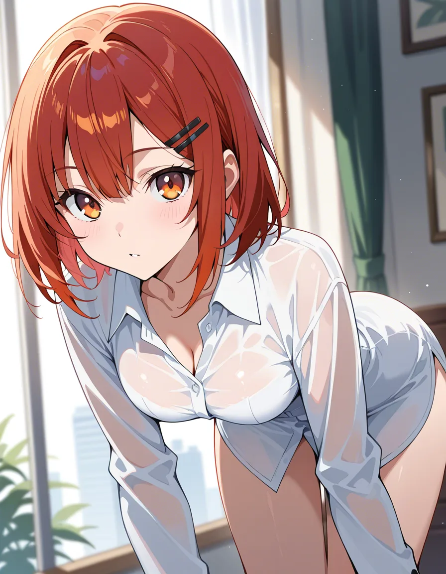 masterpiece, clean art, 1girl, bent over, buttons, hairclip, depth of field, eroge aesthetic, hentai_studio_quality