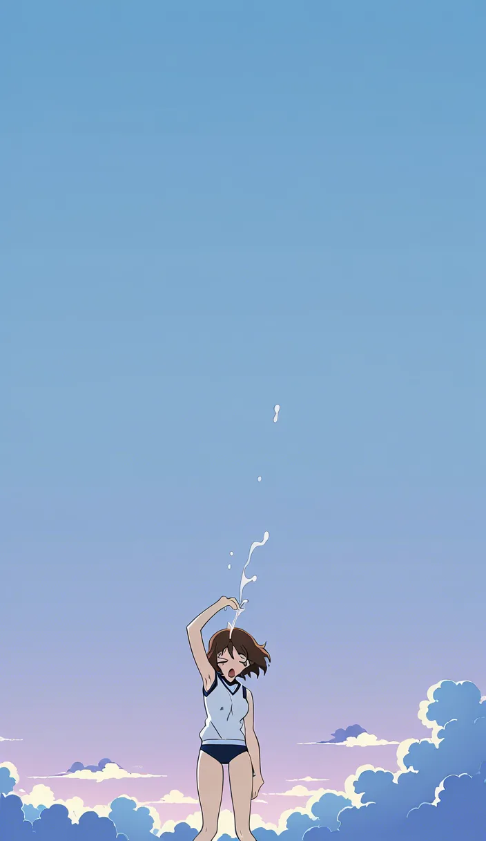 RAW photo, ultra realistic, 1girl, moaning, bare arms, cloud, dreamy atmosphere, cum_in_pussy, buruma