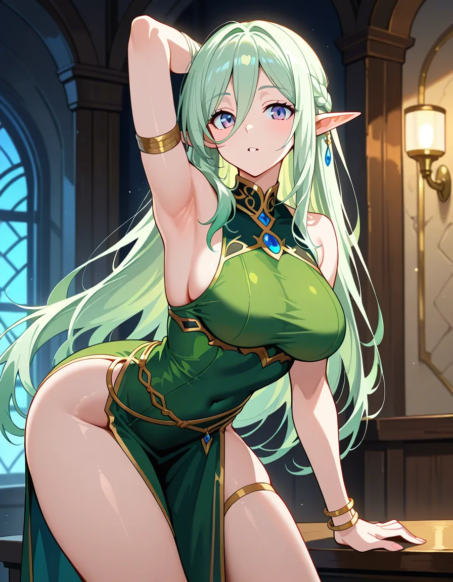 ultra detailed, elf girl, armpits, jewelry, bent over, soft cel shading, hentai_studio_quality