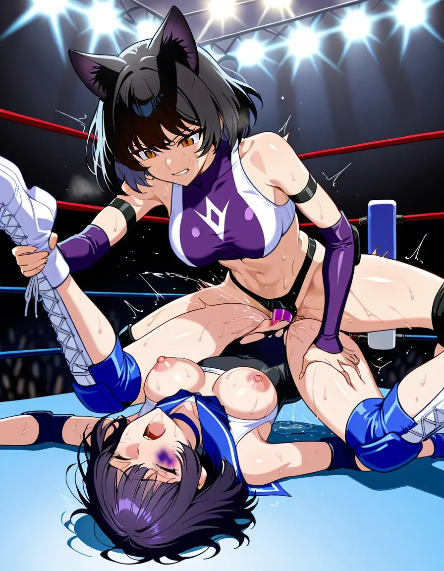 @blake_belladonna , @sailor_saturn_short_hair, 2girls yuri sex , wrestling_ring, wrestling orgasm pussy_juice, defeated, squirting , bruised, sweat strap-on missionary on_floor on_back  legs_together vaginal_object_insertion torn_clothes grabbing_another's_breast, hentai_studio_quality