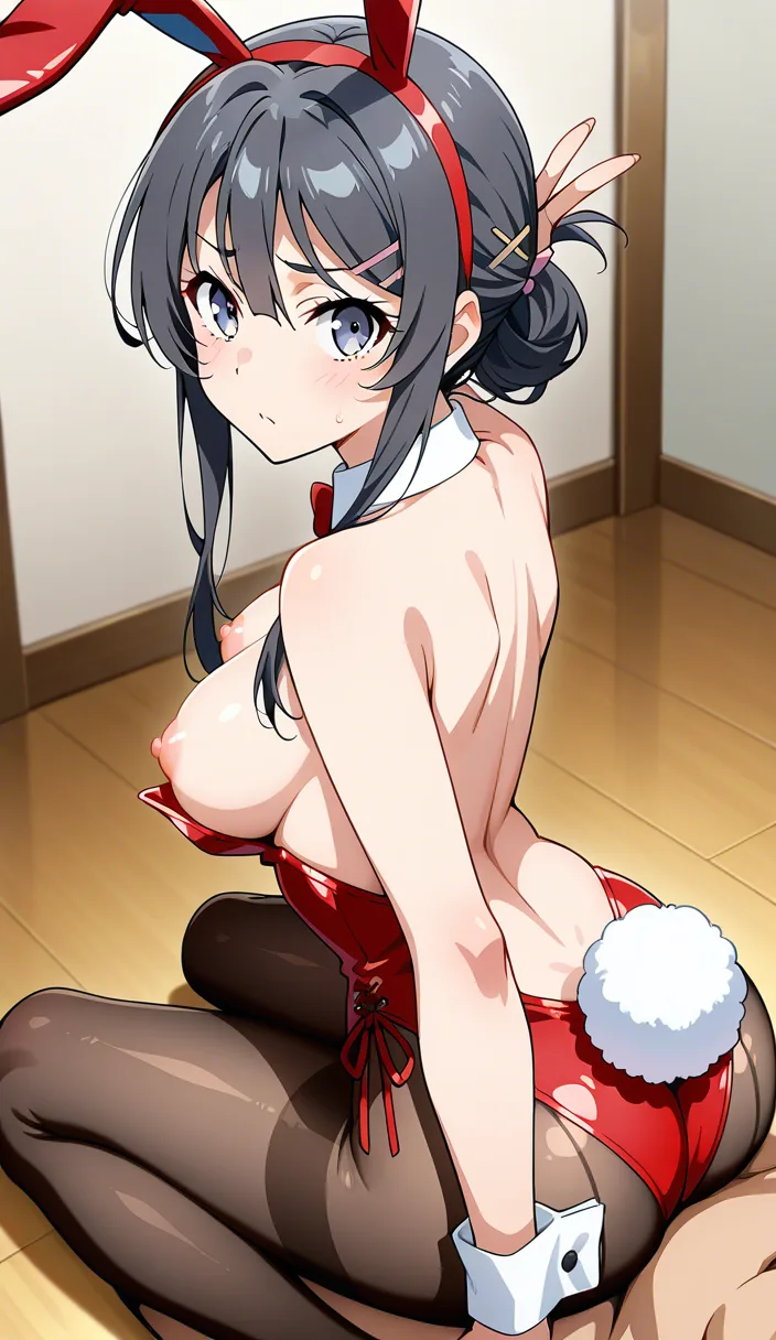 Mai Sakurajima from Seishun Buta Yarou wa Bunny Girl Senpai no Yume wo Minai , sits on the floor, sits on his butt, bunny costume, nipples, in front, hentai_studio_quality