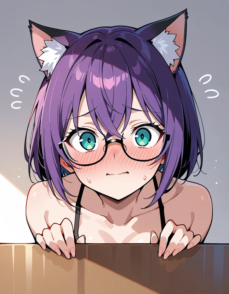 absurdres, highres, femboy, nervous blush, detailed shading, crossed_bangs, cat_ears, glasses, hentai_studio_quality