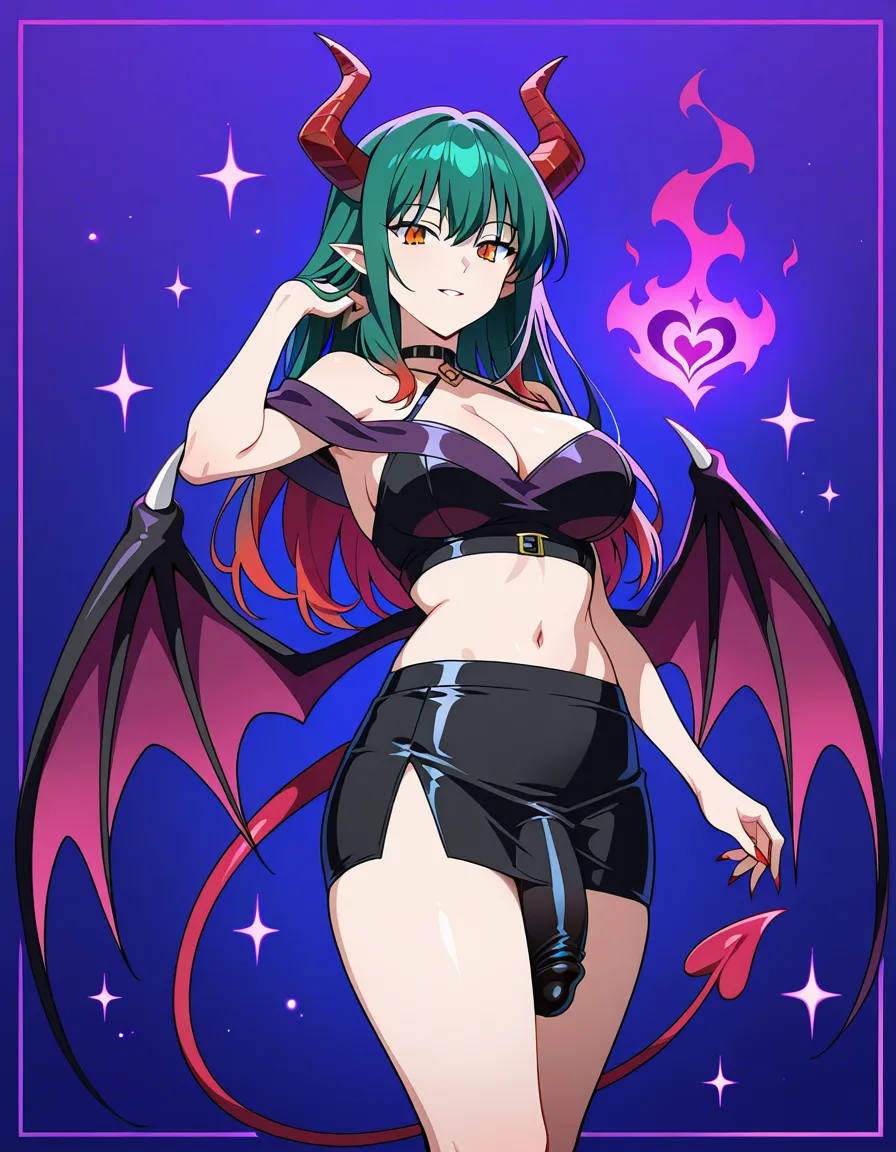 ultra detailed shading, succubus, black skirt, futanari, smoldering look, vivid anime colors, hentai_studio_quality