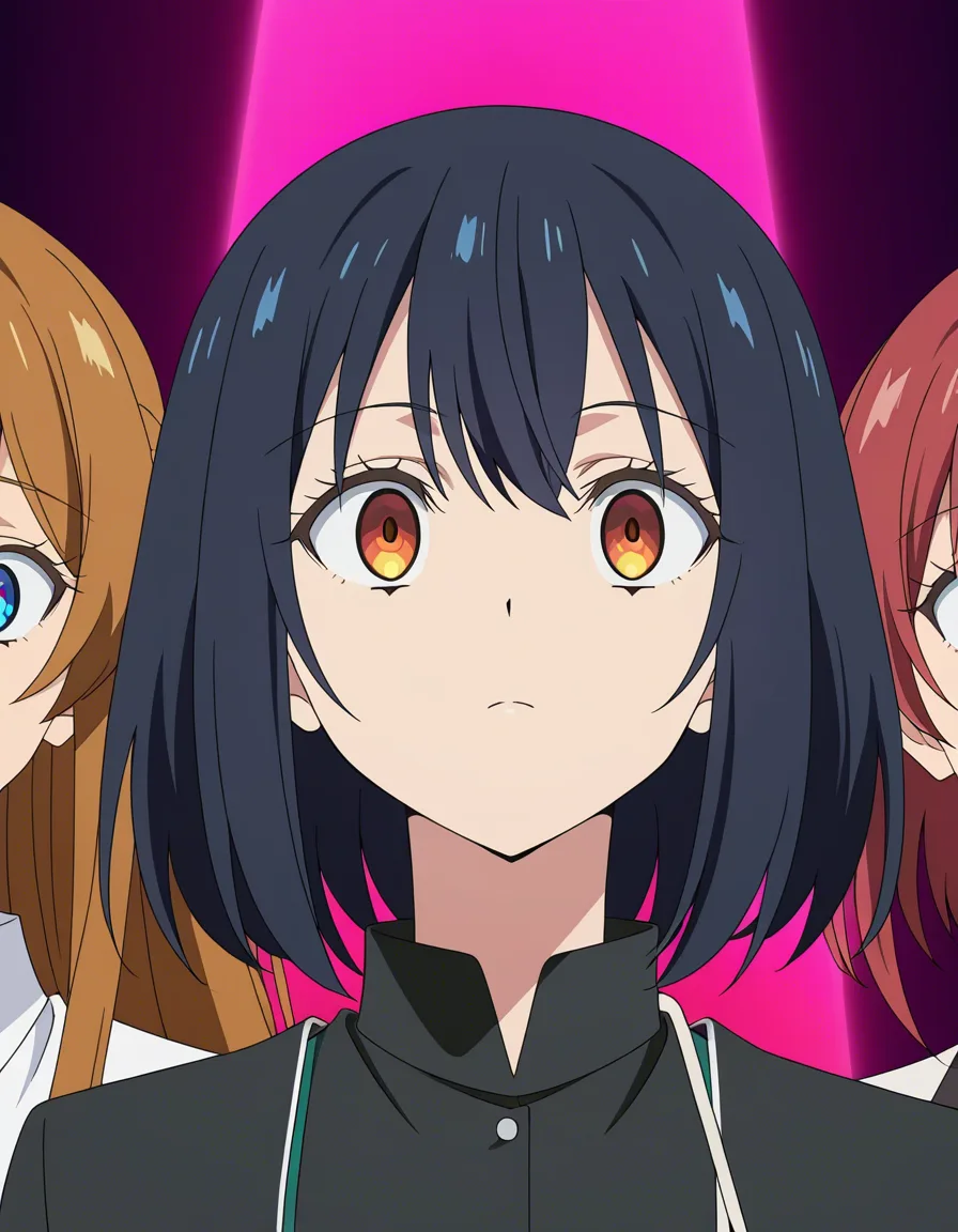 best quality, polished, 3girls, black skirt, futanari, dominant stare, portrait, soft cel shading, (anime style:1.3), 2d, anime screencap, cel shading, flat color, @00osamio00