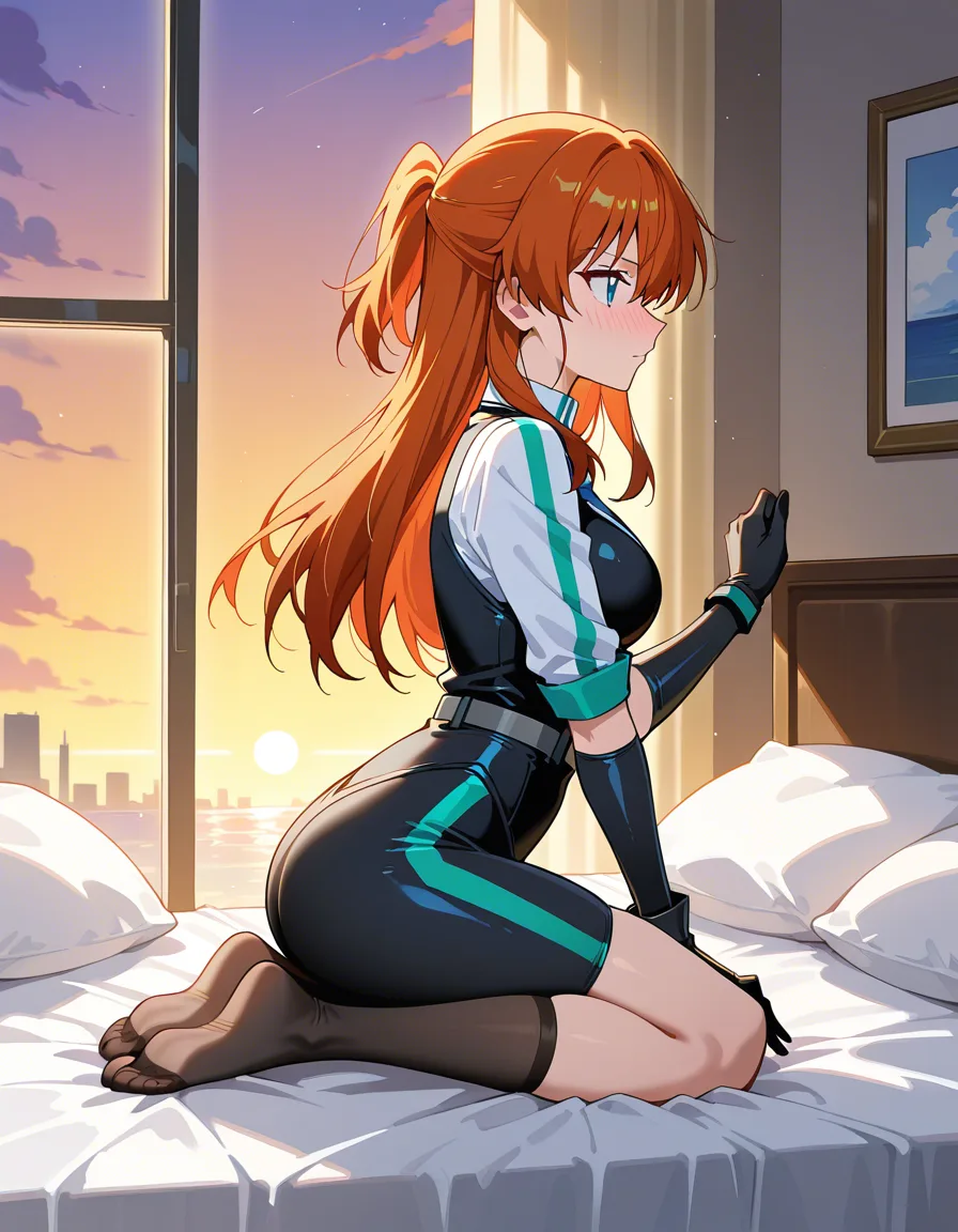 ultra detailed, multiple girls, black gloves, kneeling on bed, submissive blush, side view, vivid anime colors, hentai_studio_quality